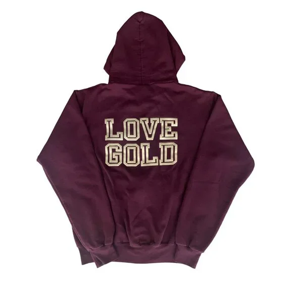 Champion Maroon Full-Zip Drawstring Hoodie "Love Gold" Back Design Front Pockets - Picture 8 of 11